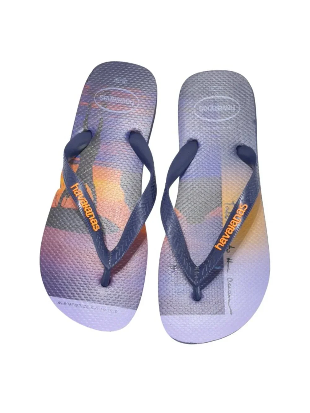 HAVAIANAS Men Surf Themed Flip Flops Navy Orange Rubber Beach Sandals Size 8US